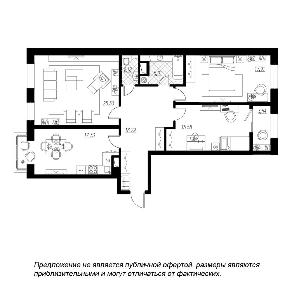планировка трехкомнатной квартиры в ЖК BOTANICA №209