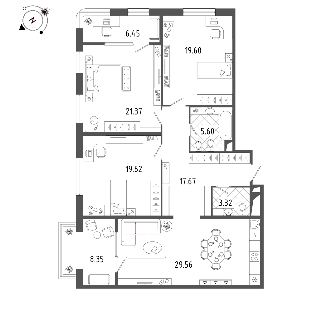 планировка трехкомнатной квартиры в ЖК BOTANICA №249