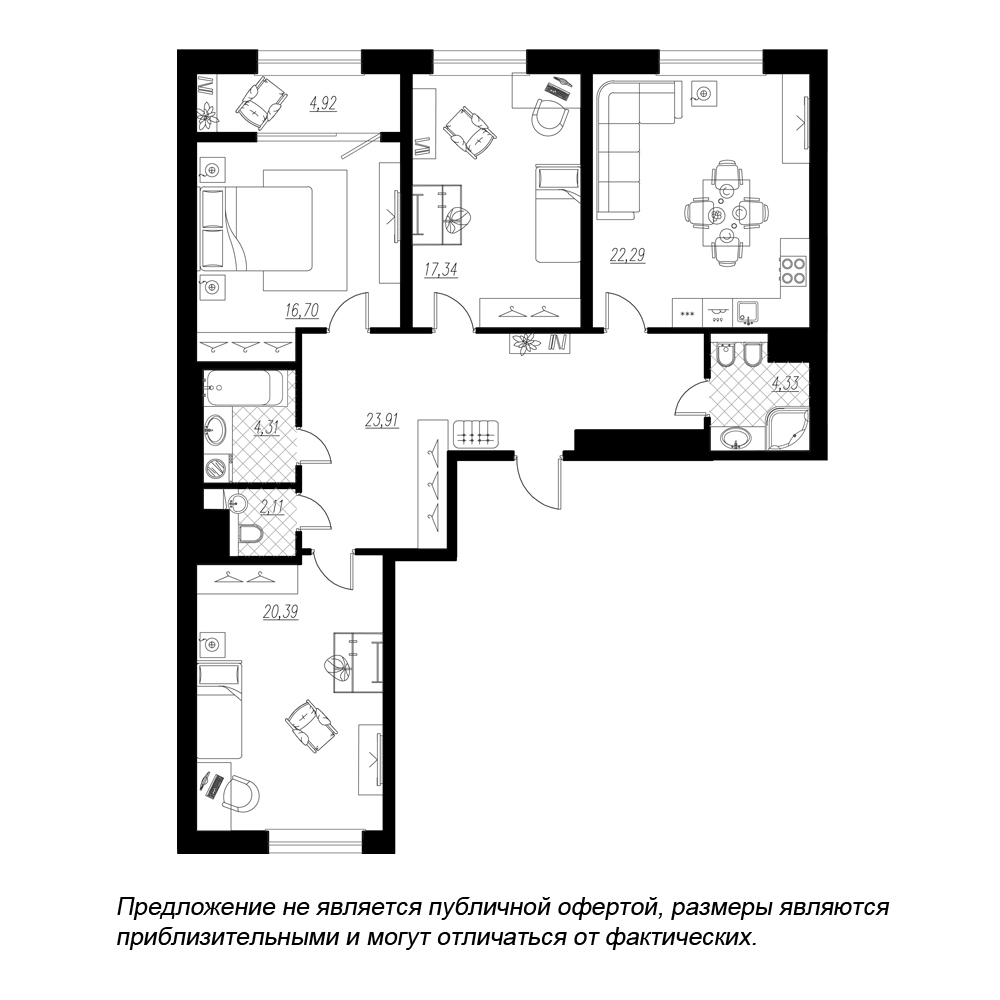 планировка трехкомнатной квартиры в ЖК BOTANICA №299