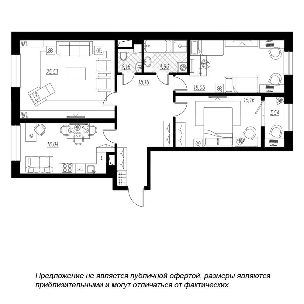 планировка трехкомнатной квартиры в ЖК BOTANICA №303