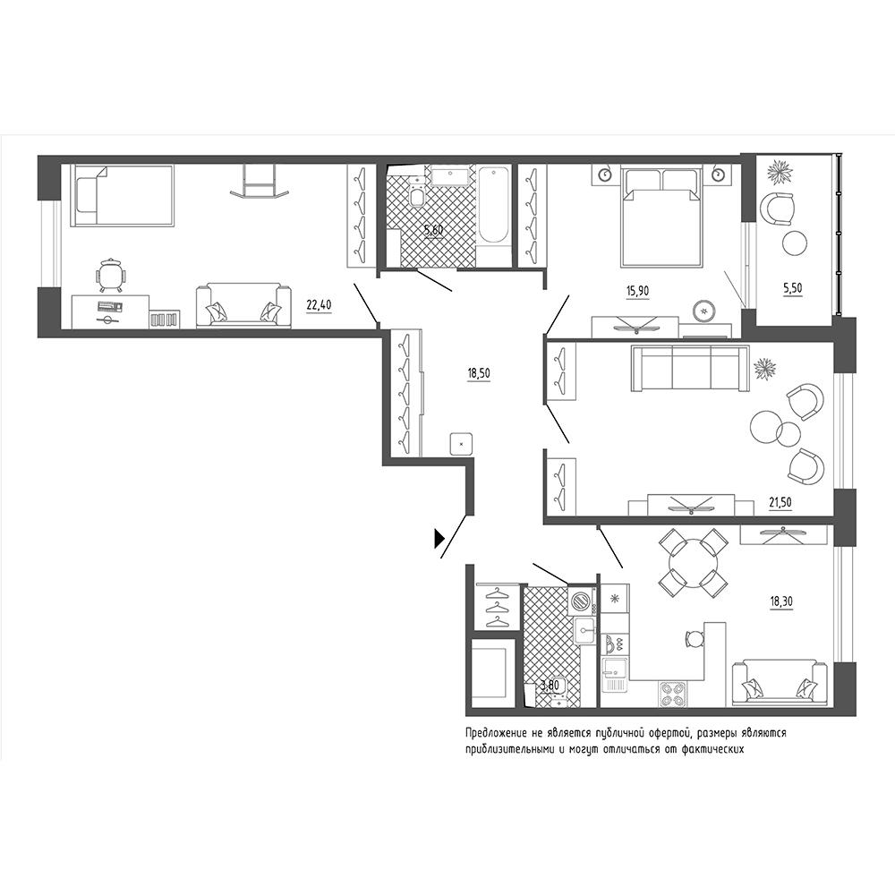 планировка трехкомнатной квартиры в ЖК «Галактика. Премиум» №4