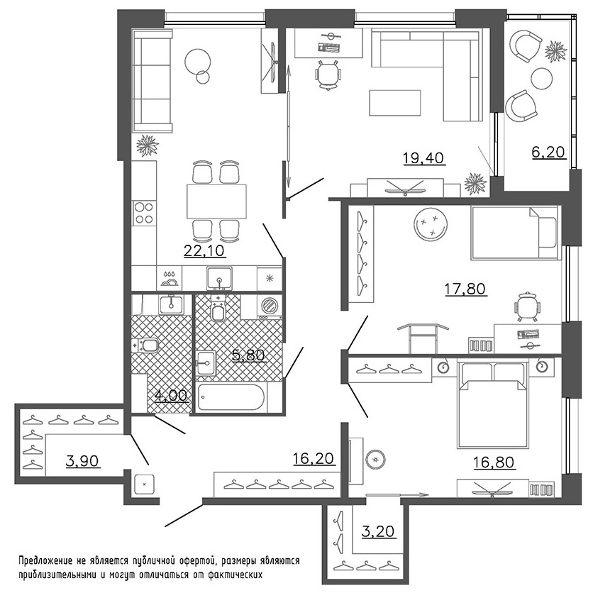 планировка трехкомнатной квартиры в ЖК «Галактика. Премиум» №294