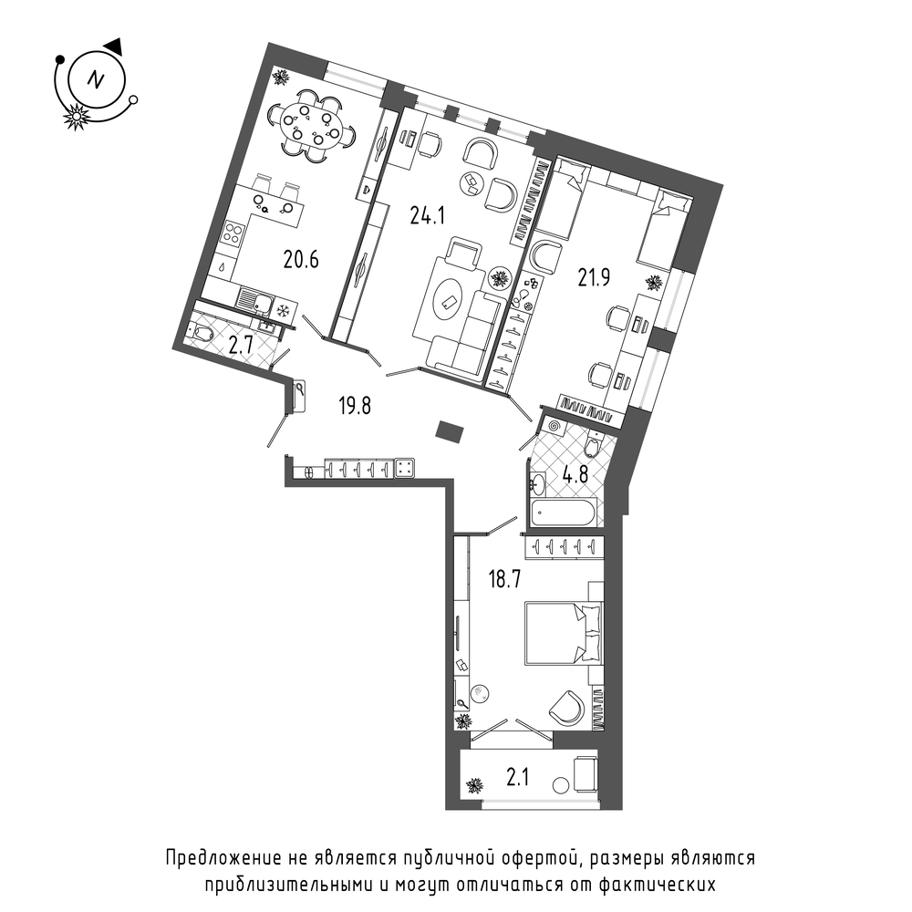 планировка трехкомнатной квартиры в ЖК «Эталон на Неве» №638