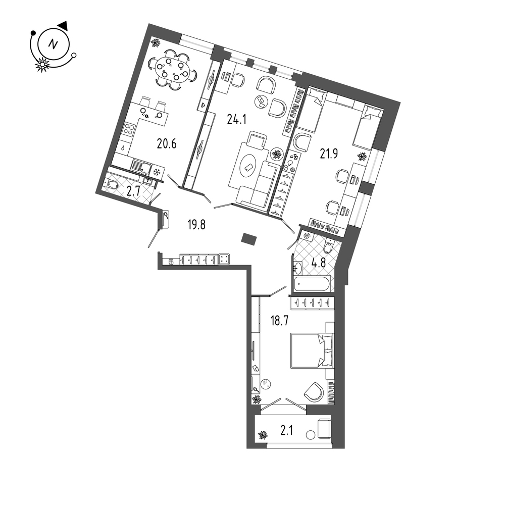 планировка трехкомнатной квартиры в ЖК «Эталон на Неве» №638