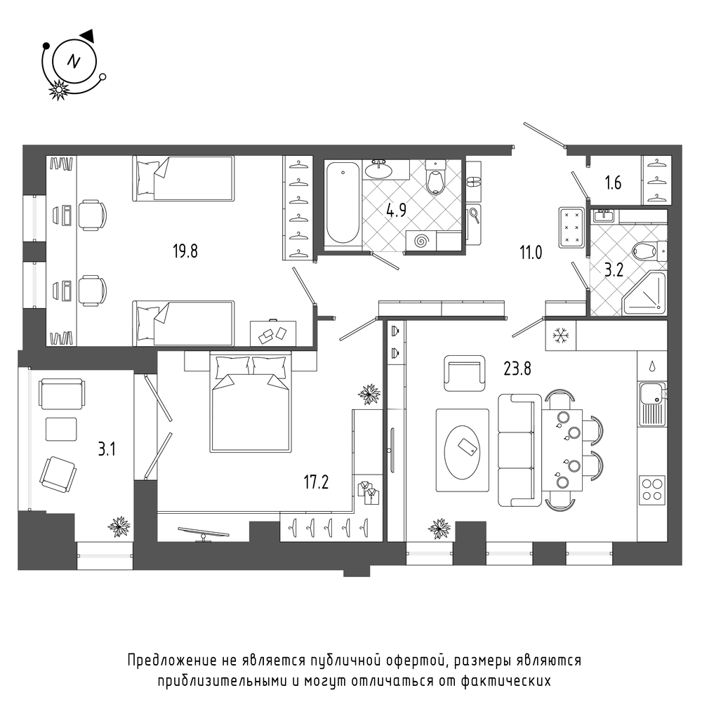 планировка двухкомнатной квартиры в ЖК «Эталон на Неве» №647