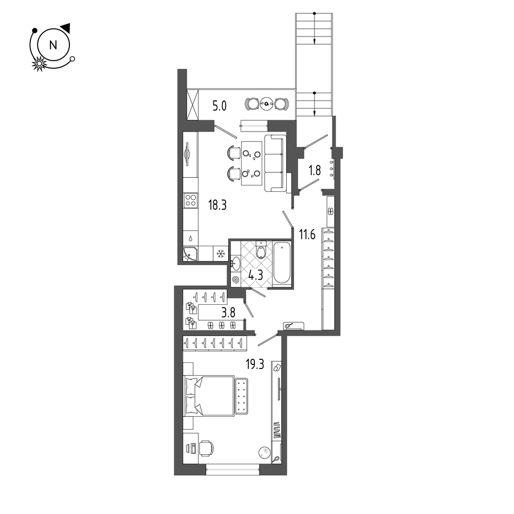 планировка однокомнатной квартиры в ЖК «Эталон на Неве» №477