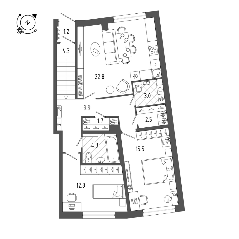 планировка двухкомнатной квартиры в ЖК «Эталон на Неве» №514