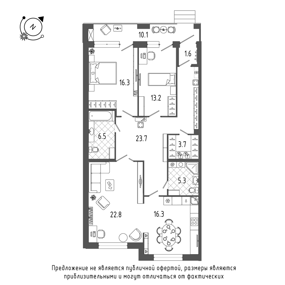 планировка трехкомнатной квартиры в ЖК «Эталон на Неве» №555