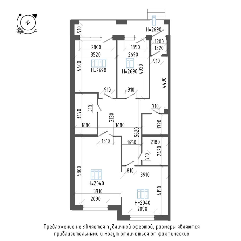 планировка трехкомнатной квартиры в ЖК «Эталон на Неве» №555