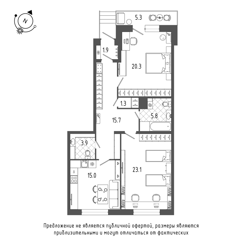 планировка двухкомнатной квартиры в ЖК «Эталон на Неве» №280