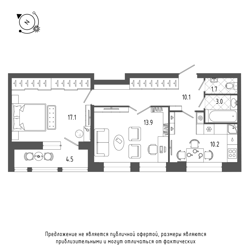 планировка двухкомнатной квартиры в ЖК «Эталон на Неве» №594