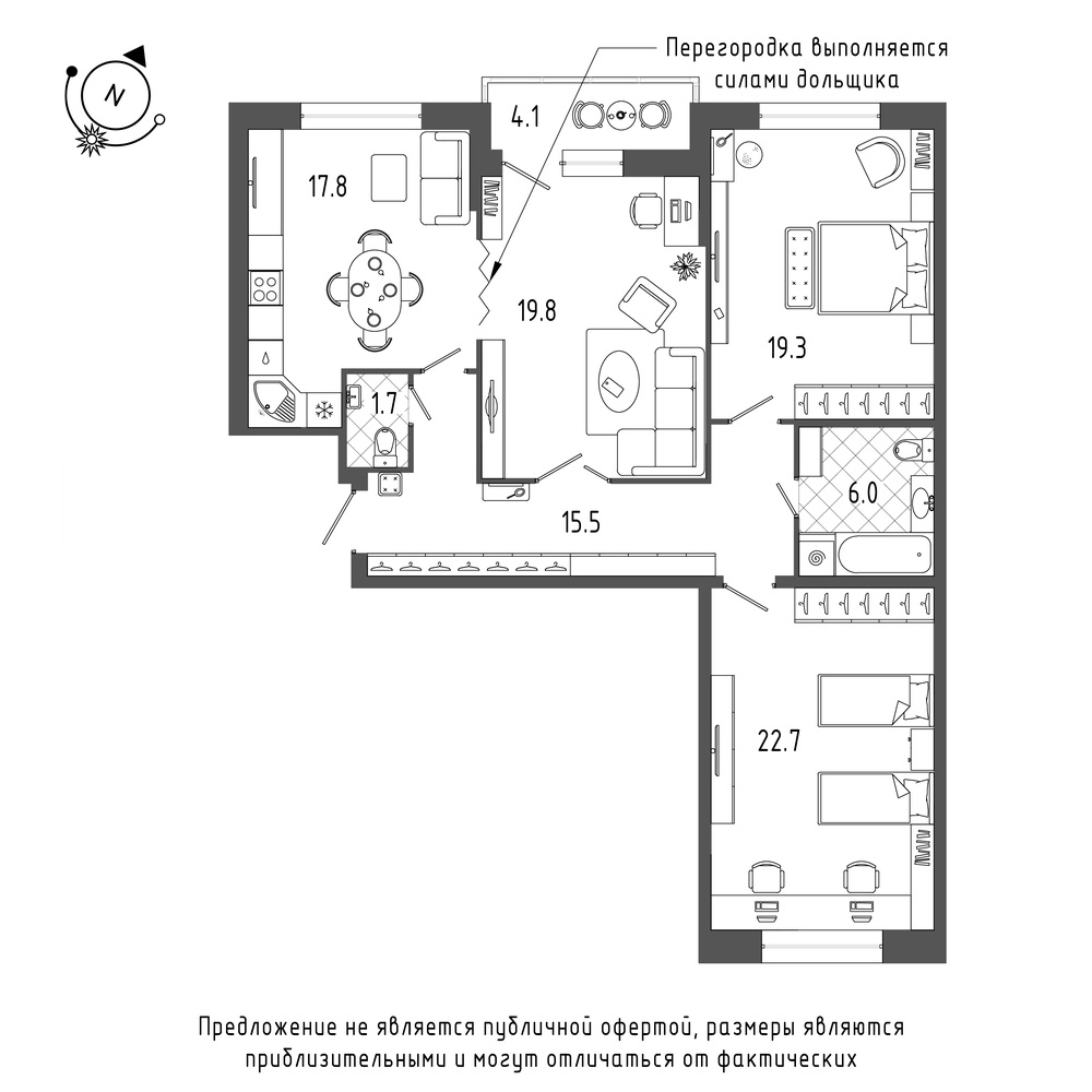 планировка трехкомнатной квартиры в ЖК «Эталон на Неве» №290
