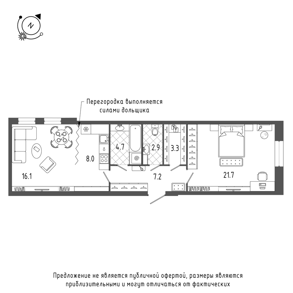 планировка двухкомнатной квартиры в ЖК «Эталон на Неве» №206