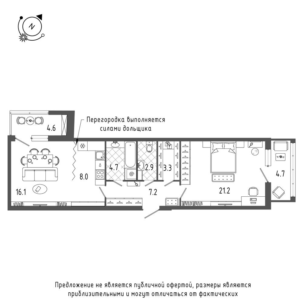 планировка двухкомнатной квартиры в ЖК «Эталон на Неве» №209