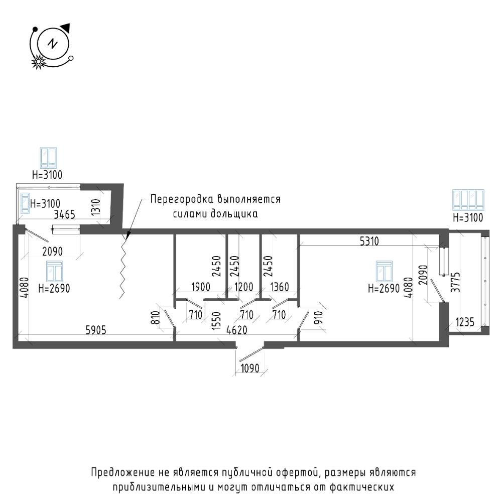 планировка двухкомнатной квартиры в ЖК «Эталон на Неве» №209