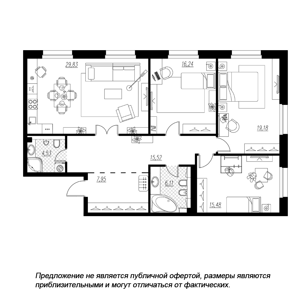планировка трехкомнатной квартиры в ЖК «Петровская Доминанта» №1