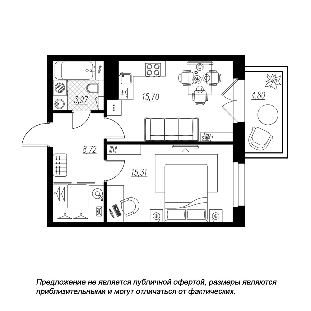 планировка однокомнатной квартиры в ЖК «Петровская Доминанта» №84