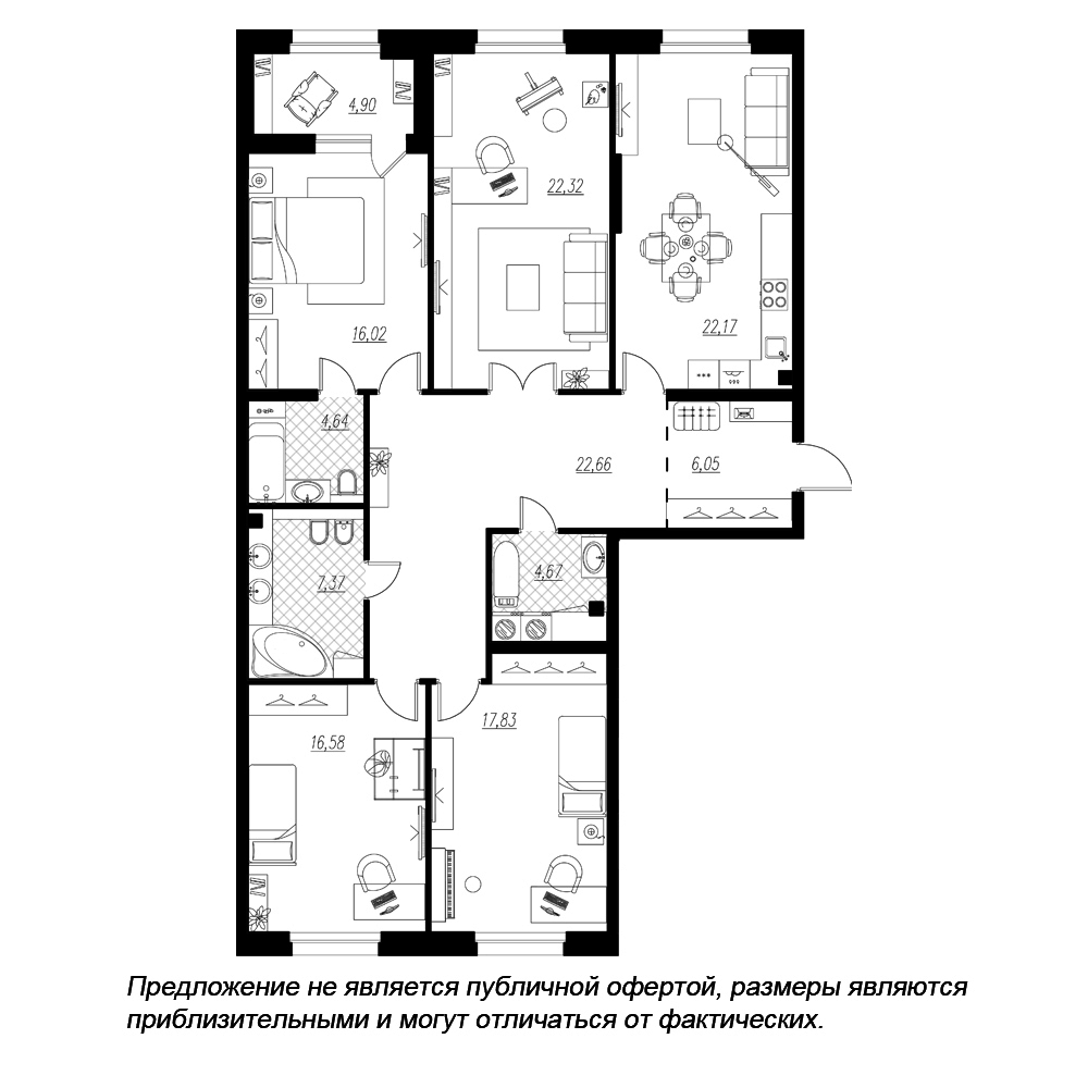планировка четырехкомнатной квартиры в ЖК «Петровская Доминанта» №113