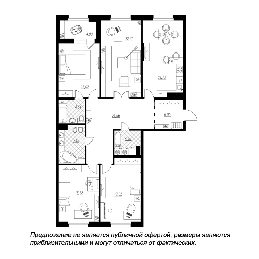 планировка четырехкомнатной квартиры в ЖК «Петровская Доминанта» №129