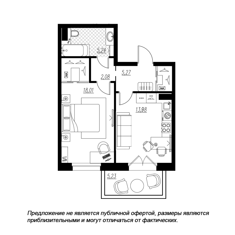 планировка однокомнатной квартиры в ЖК «Петровская Доминанта» №170