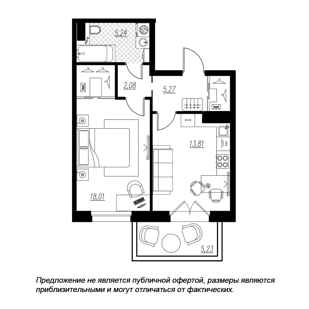 планировка однокомнатной квартиры в ЖК «Петровская Доминанта» №182