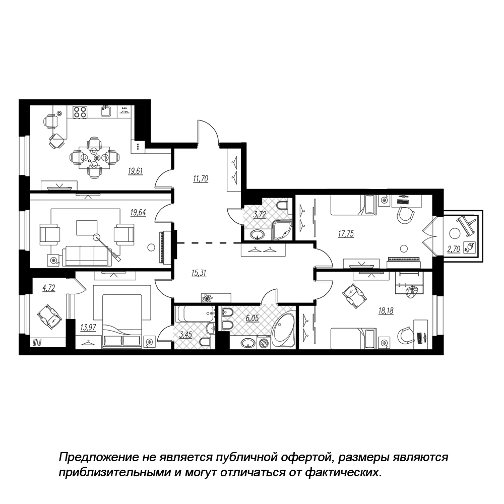 планировка четырехкомнатной квартиры в ЖК «Петровская Доминанта» №199