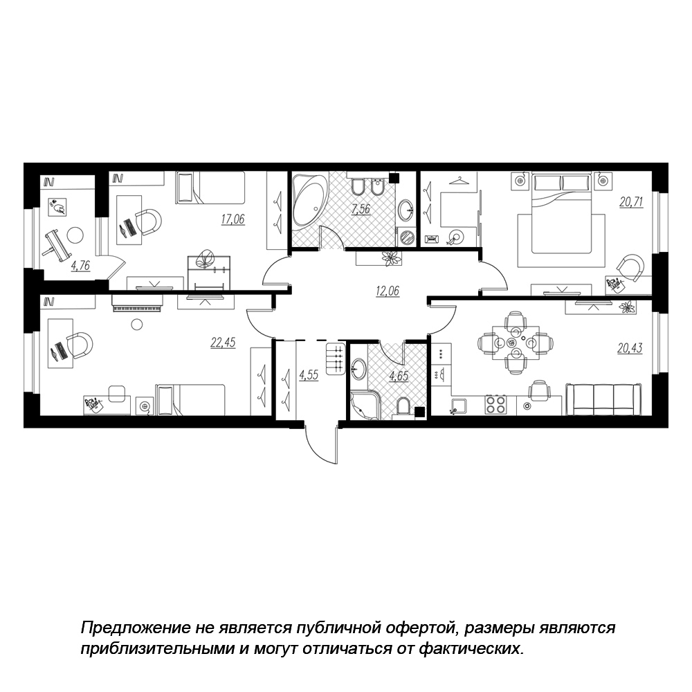 планировка трехкомнатной квартиры в ЖК «Петровская Доминанта» №206