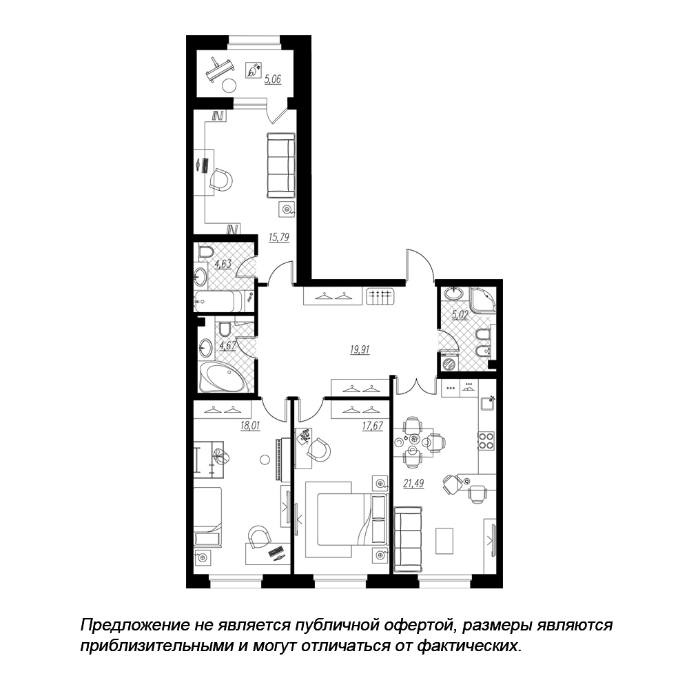 планировка трехкомнатной квартиры в ЖК «Петровская Доминанта» №209