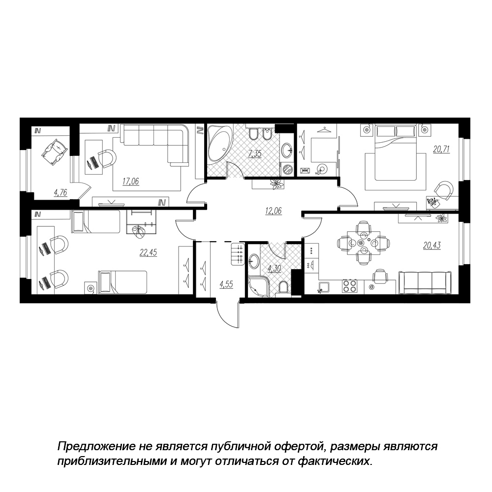 планировка трехкомнатной квартиры в ЖК «Петровская Доминанта» №210