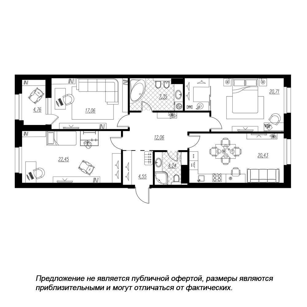планировка трехкомнатной квартиры в ЖК «Петровская Доминанта» №218