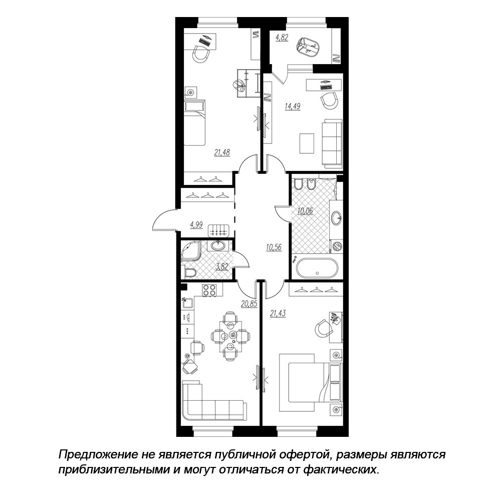планировка трехкомнатной квартиры в ЖК «Петровская Доминанта» №238