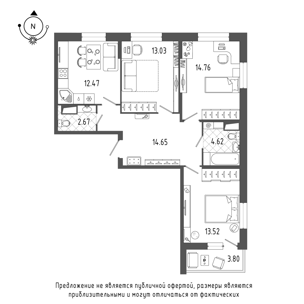 планировка трехкомнатной квартиры в ЖК «Охта Хаус» №28