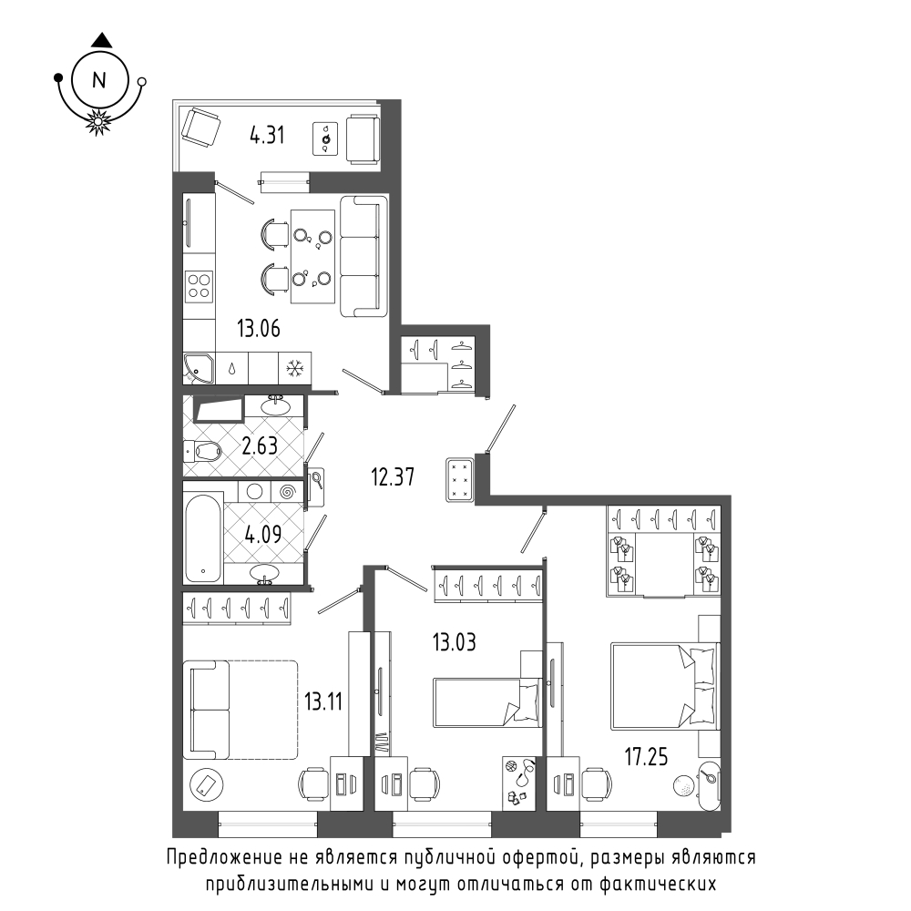 планировка трехкомнатной квартиры в ЖК «Охта Хаус» №54