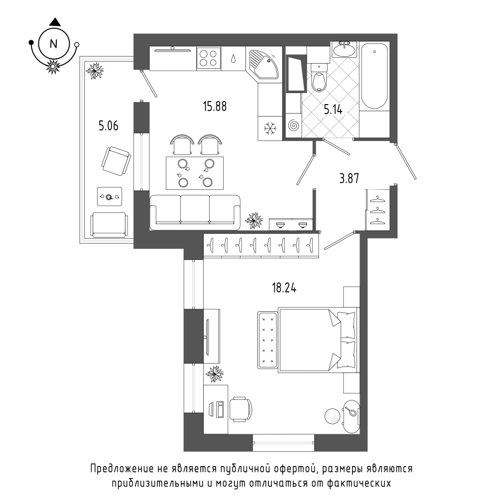 планировка однокомнатной квартиры в ЖК «Охта Хаус» №350