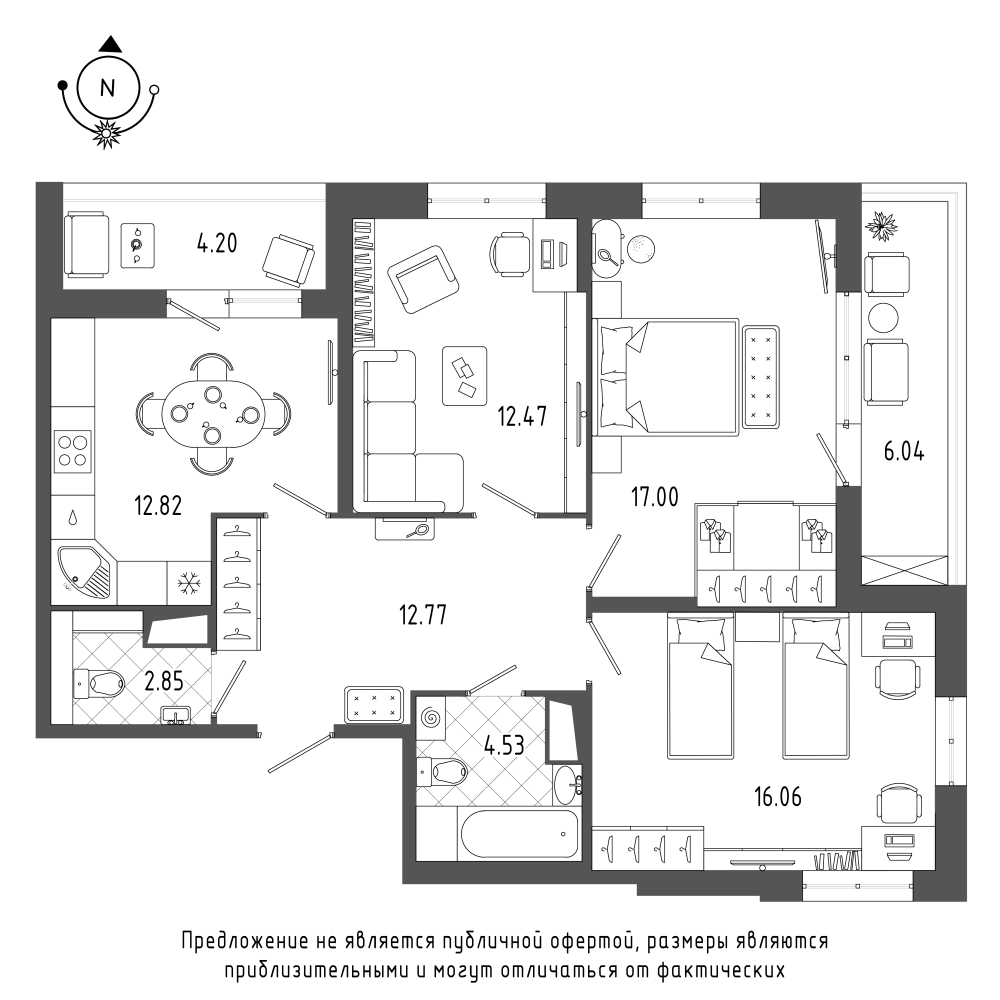 планировка трехкомнатной квартиры в ЖК «Охта Хаус» №61