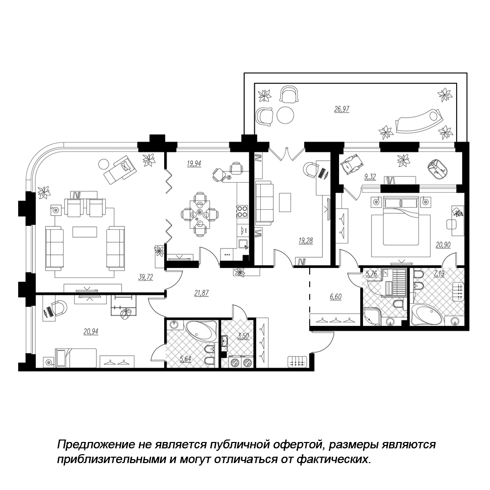 планировка четырехкомнатной квартиры в ЖК «Петровская Доминанта» №293