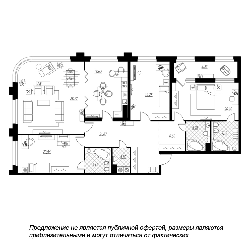 планировка четырехкомнатной квартиры в ЖК «Петровская Доминанта» №297