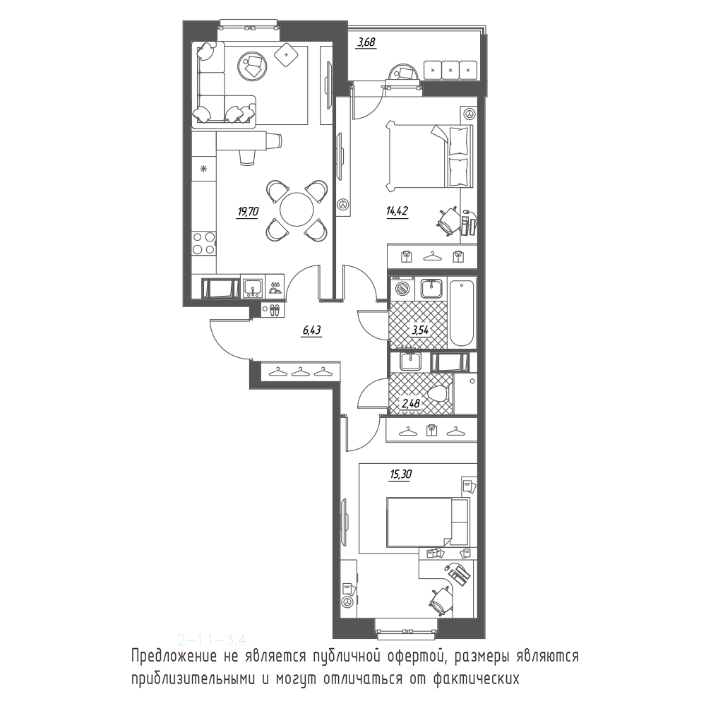 планировка двухкомнатной квартиры в ЖК «Охта Хаус» №340