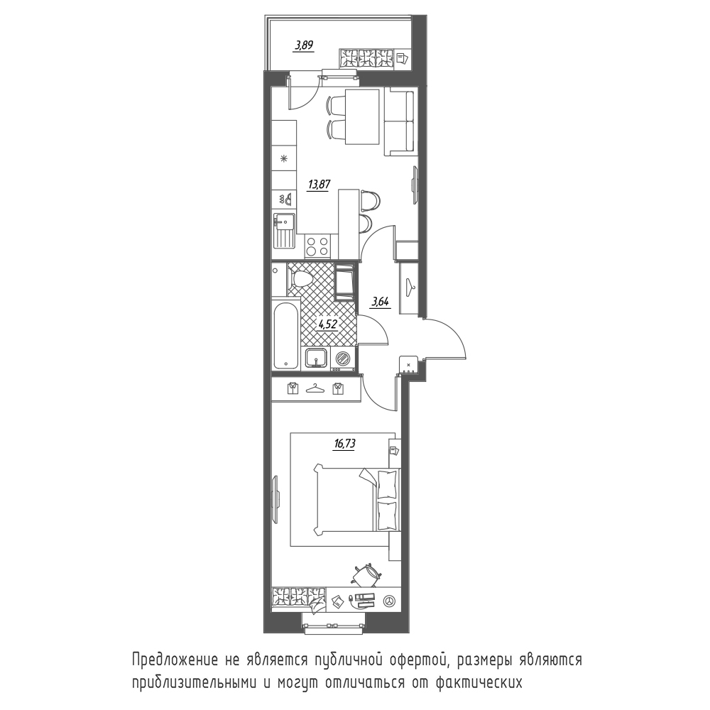 планировка однокомнатной квартиры в ЖК «Охта Хаус» №335