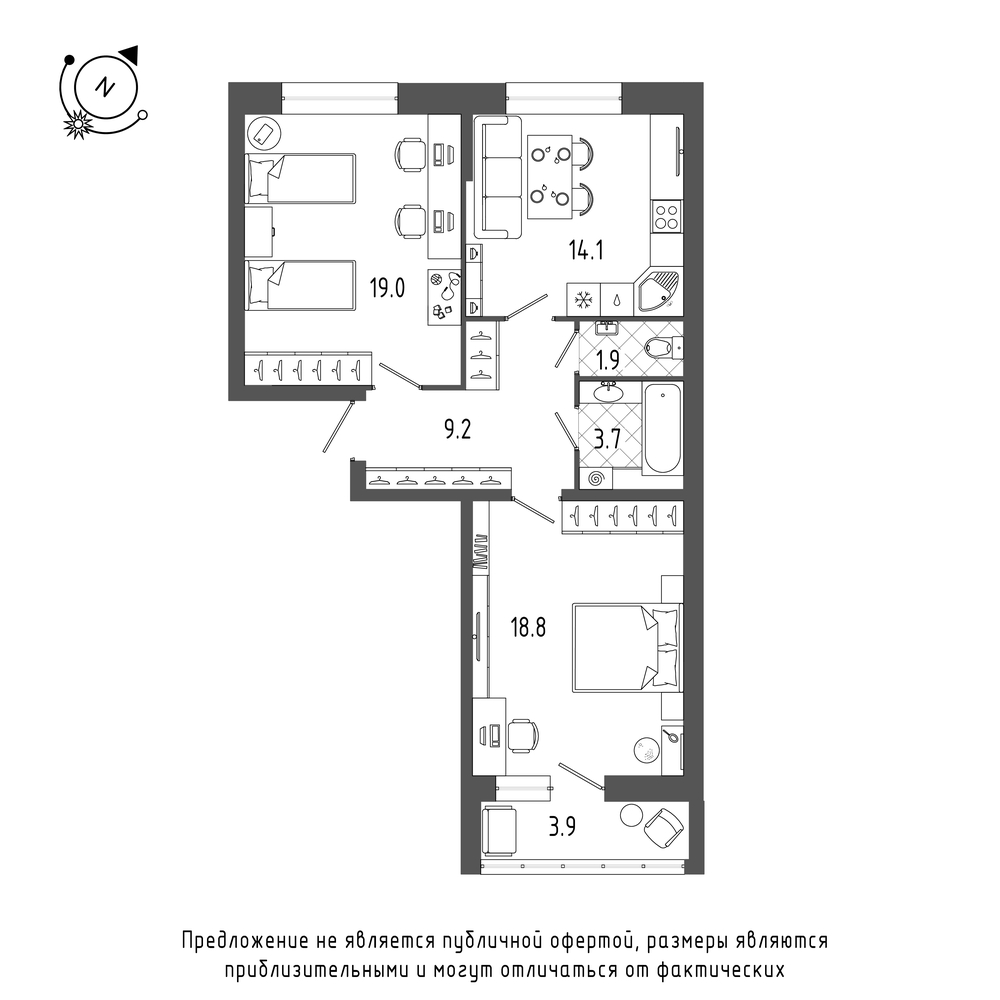 планировка двухкомнатной квартиры в ЖК «Эталон на Неве» №138