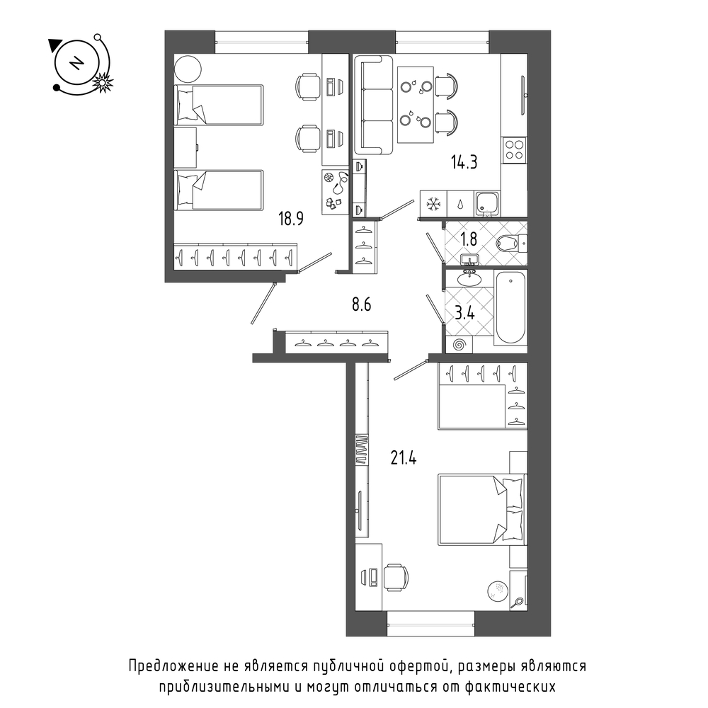 планировка двухкомнатной квартиры в ЖК «Эталон на Неве» №3