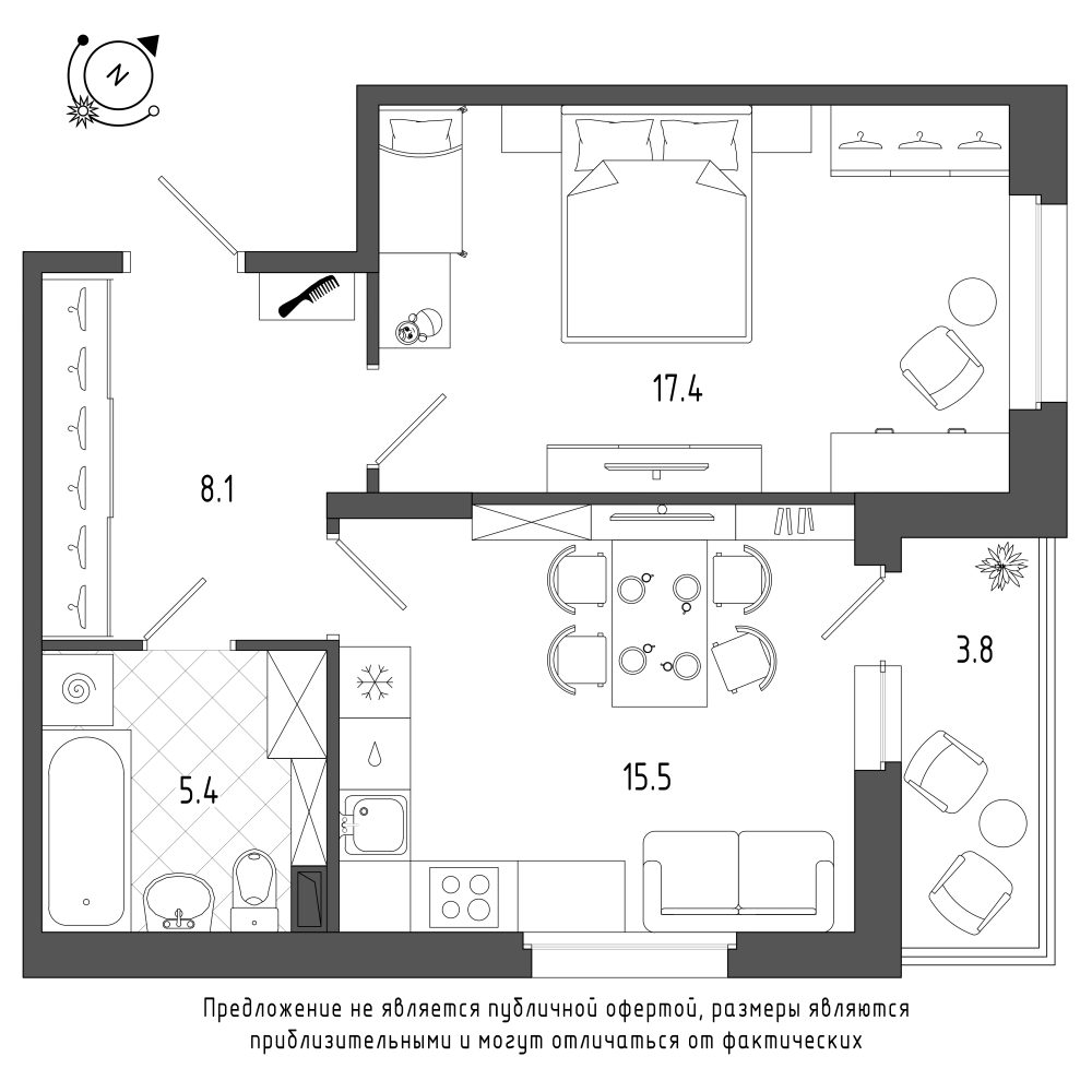 планировка однокомнатной квартиры в Квартал Che №1