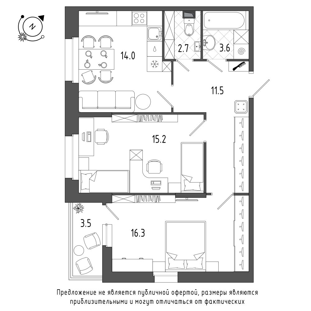 планировка двухкомнатной квартиры в Квартал Che №2