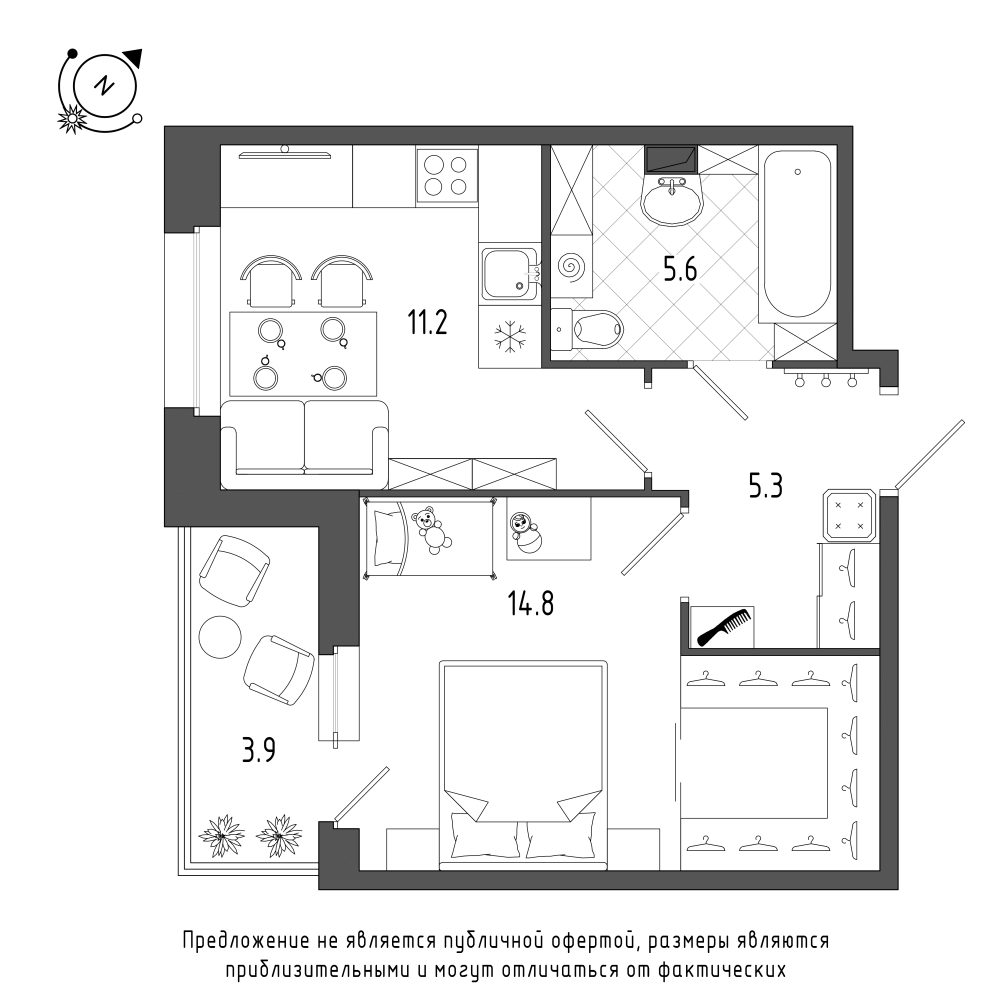 планировка однокомнатной квартиры в Квартал Che №156