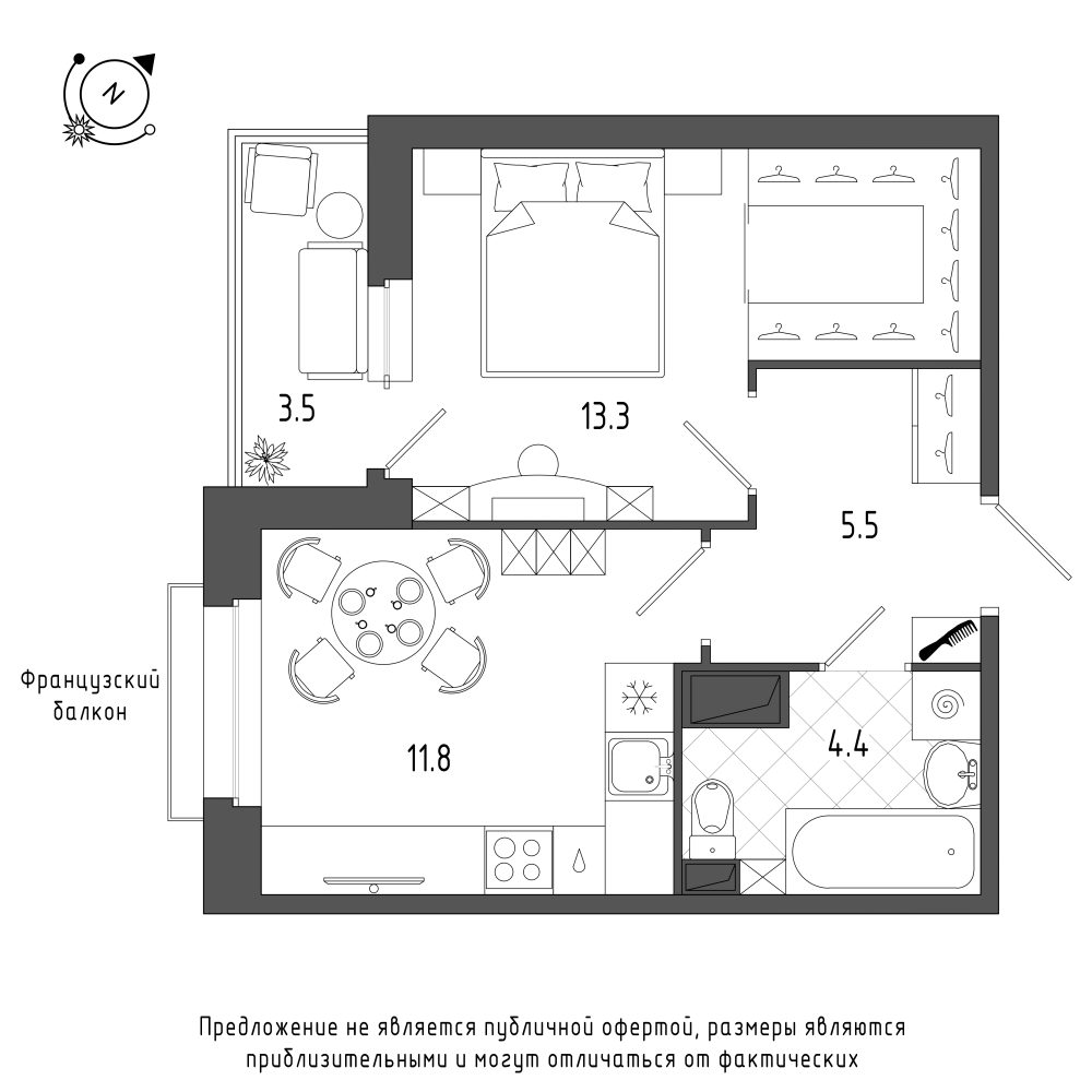 планировка однокомнатной квартиры в Квартал Che №158