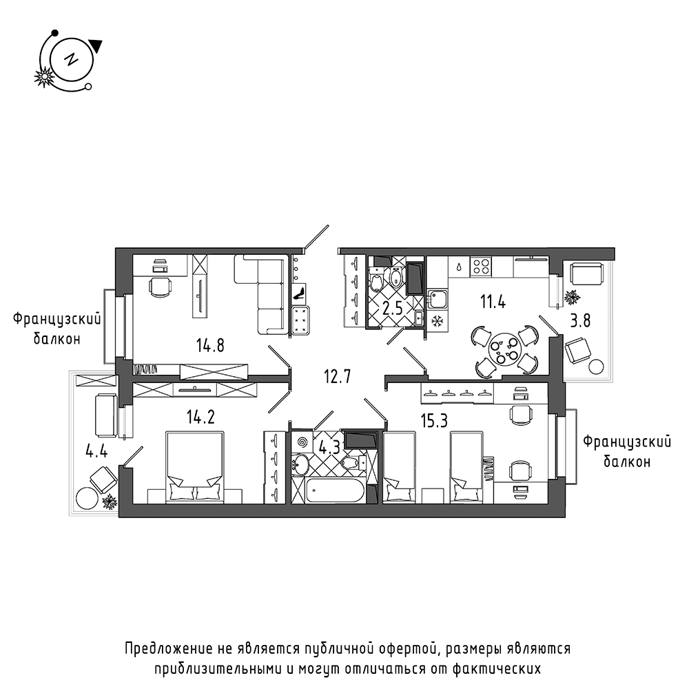 планировка трехкомнатной квартиры в Квартал Che №168