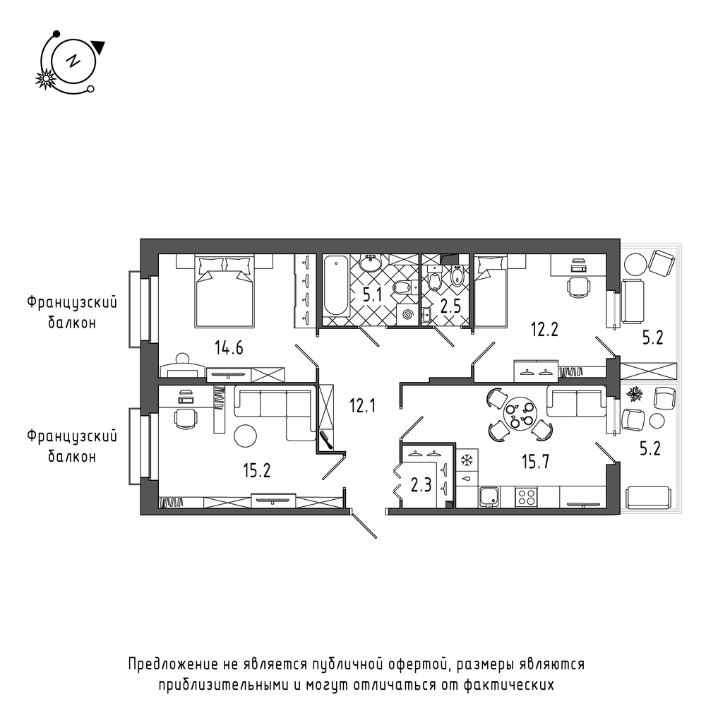 планировка трехкомнатной квартиры в Квартал Che №2
