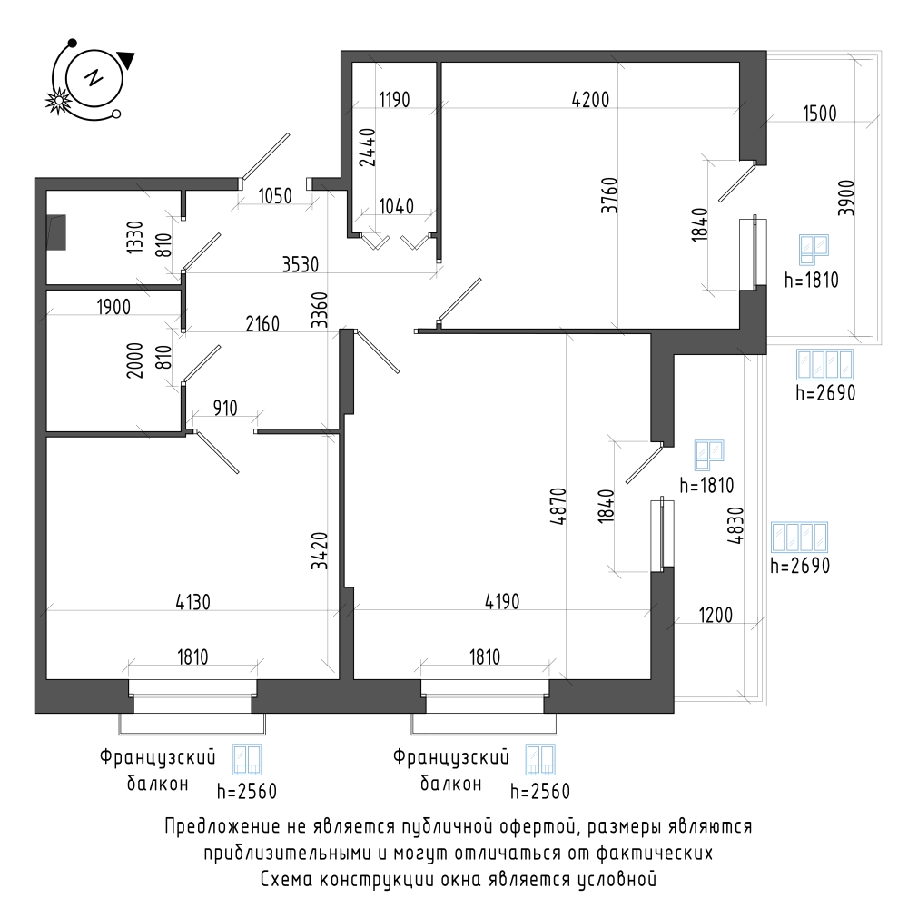 планировка двухкомнатной квартиры в Квартал Che №5