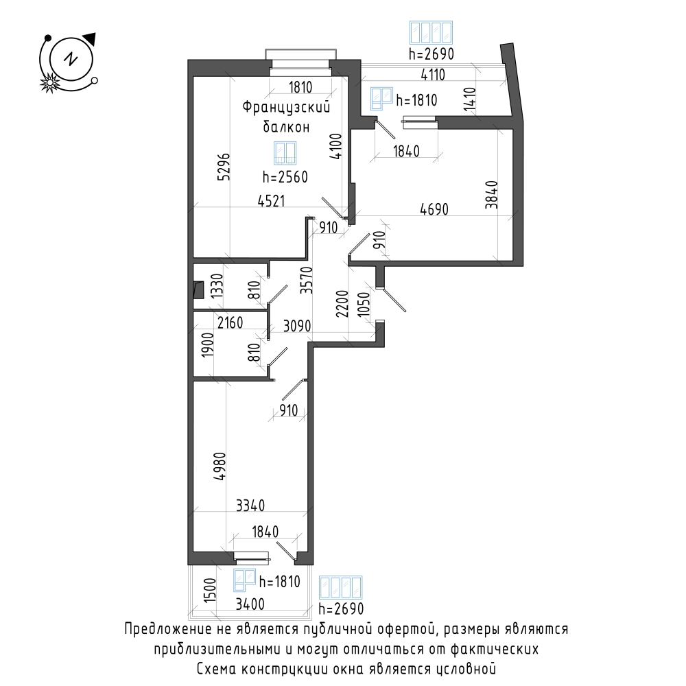 планировка двухкомнатной квартиры в Квартал Che №7