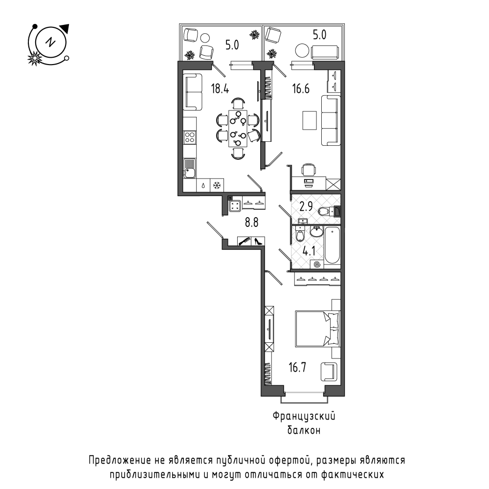 планировка двухкомнатной квартиры в Квартал Che №50
